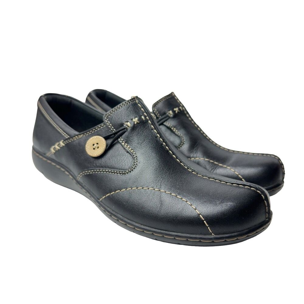 Clarks Bendables Black Leather Shoes 35062 Womens Size 11 M Slip On Loafers